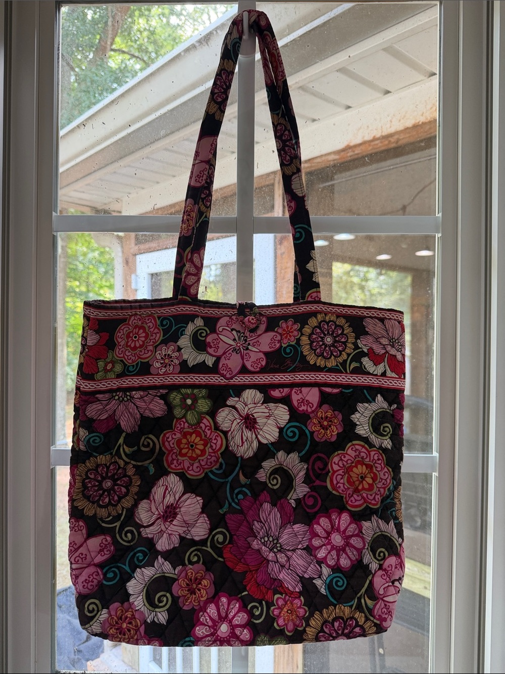 Vera Bradley Quilted Floral Tote in Pink, Black and Green